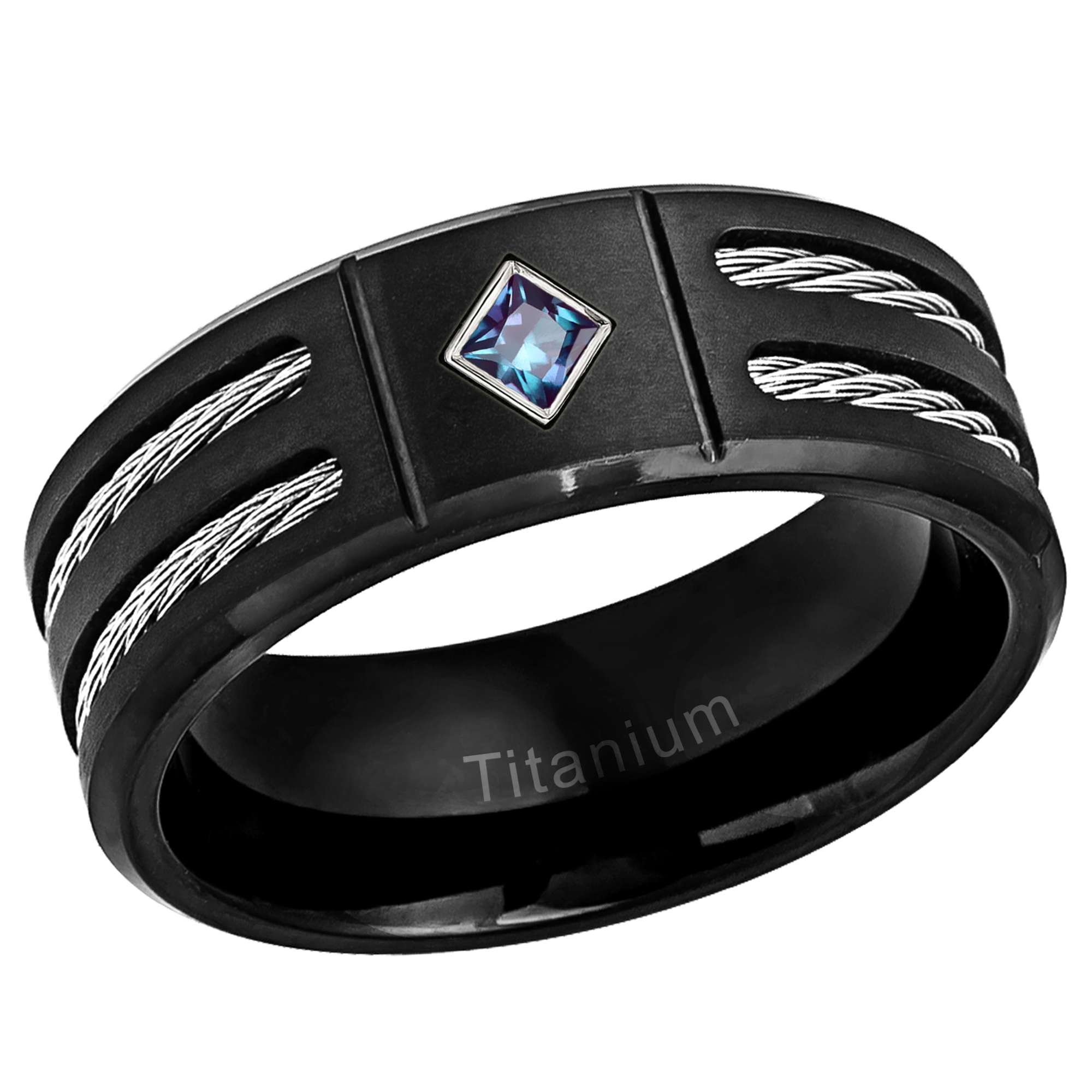 Mens Princess Cut Alexandrite Ring Black Titanium Wedding Band Double Cable Accent