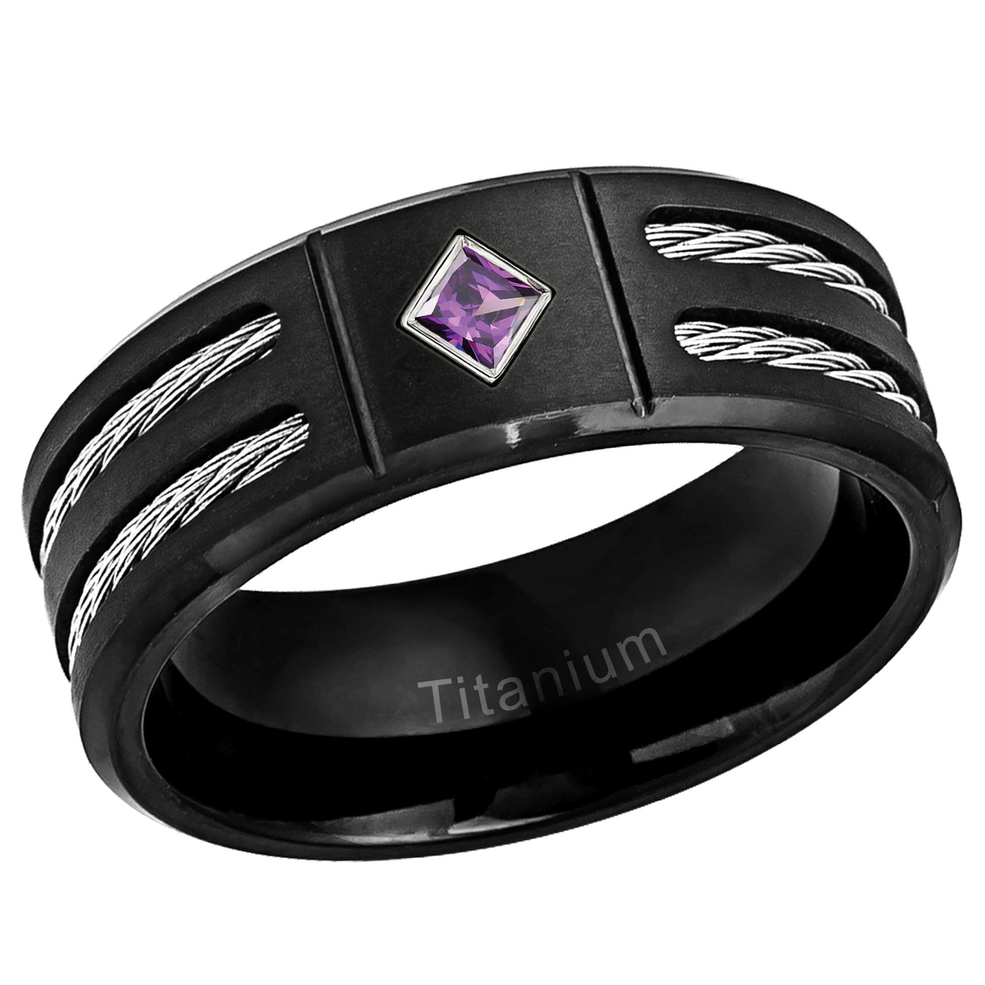 Mens Princess Cut Amethyst Ring Black Titanium Wedding Band Double Cable Accent 8mm Comfort-fit