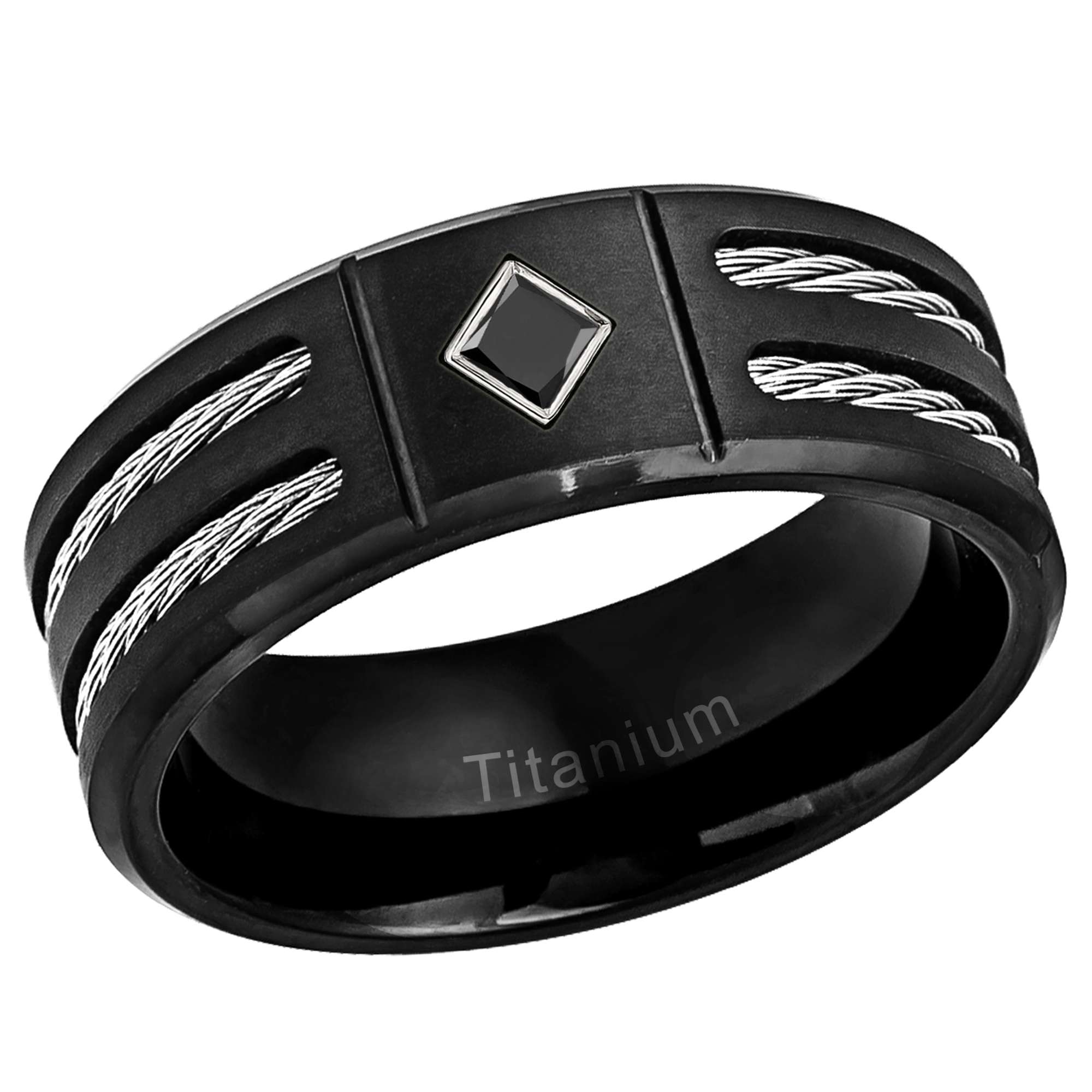 Mens Princess Cut Black Diamond Titanium Band, Black Titanium Wedding Ring 8MM