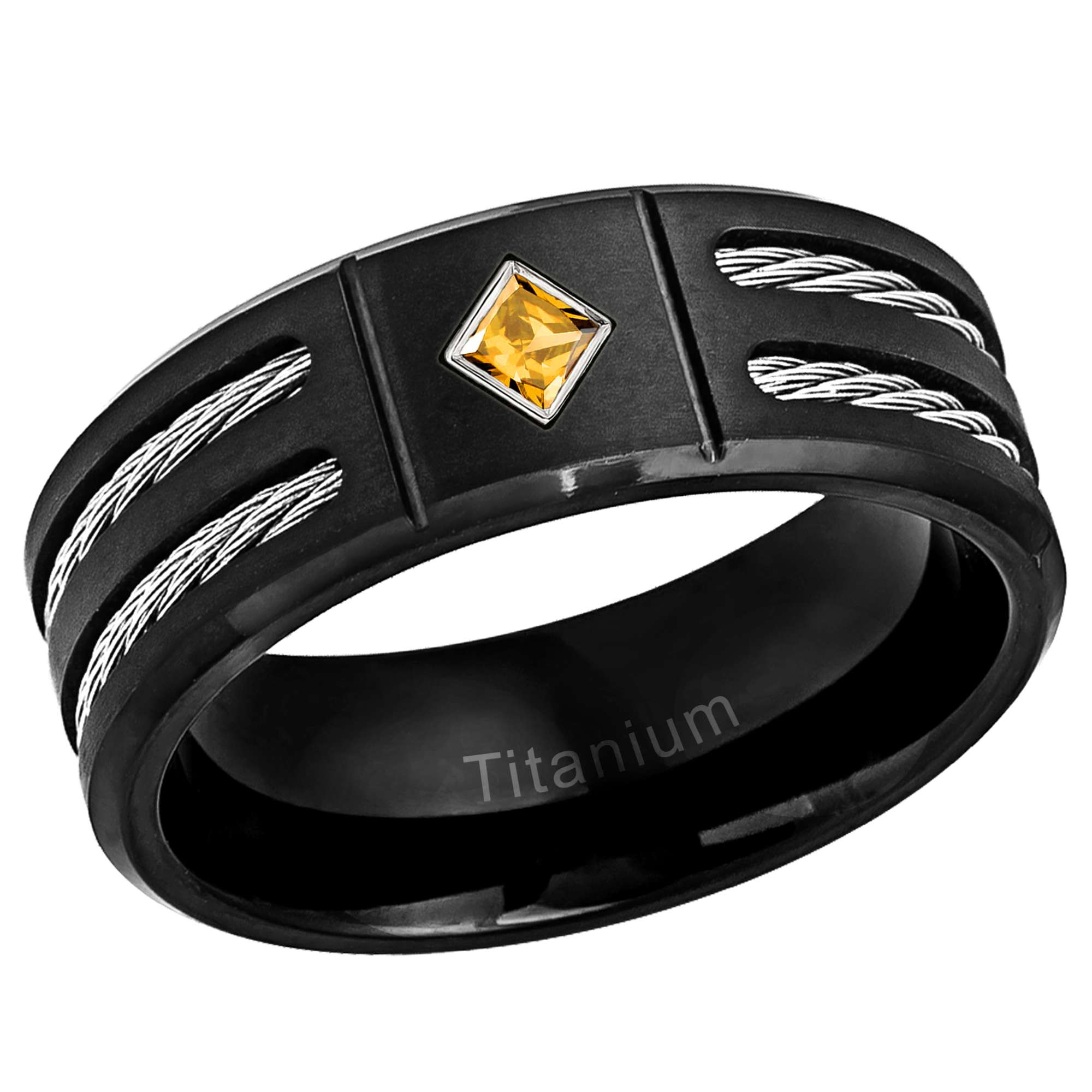 Mens Princess Cut Citrine Ring Black Titanium Wedding Band Double Cable Accent 8mm