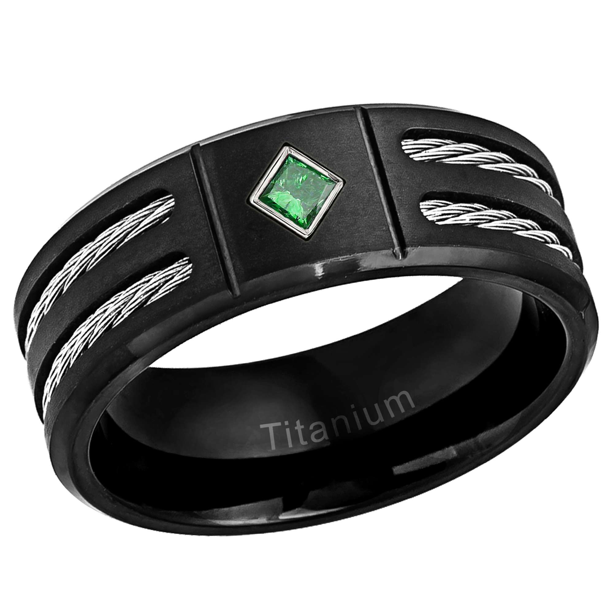 Mens Princess Cut Emerald Ring Black Titanium Wedding Band Double Cable Accent 8mm Comfort-fit