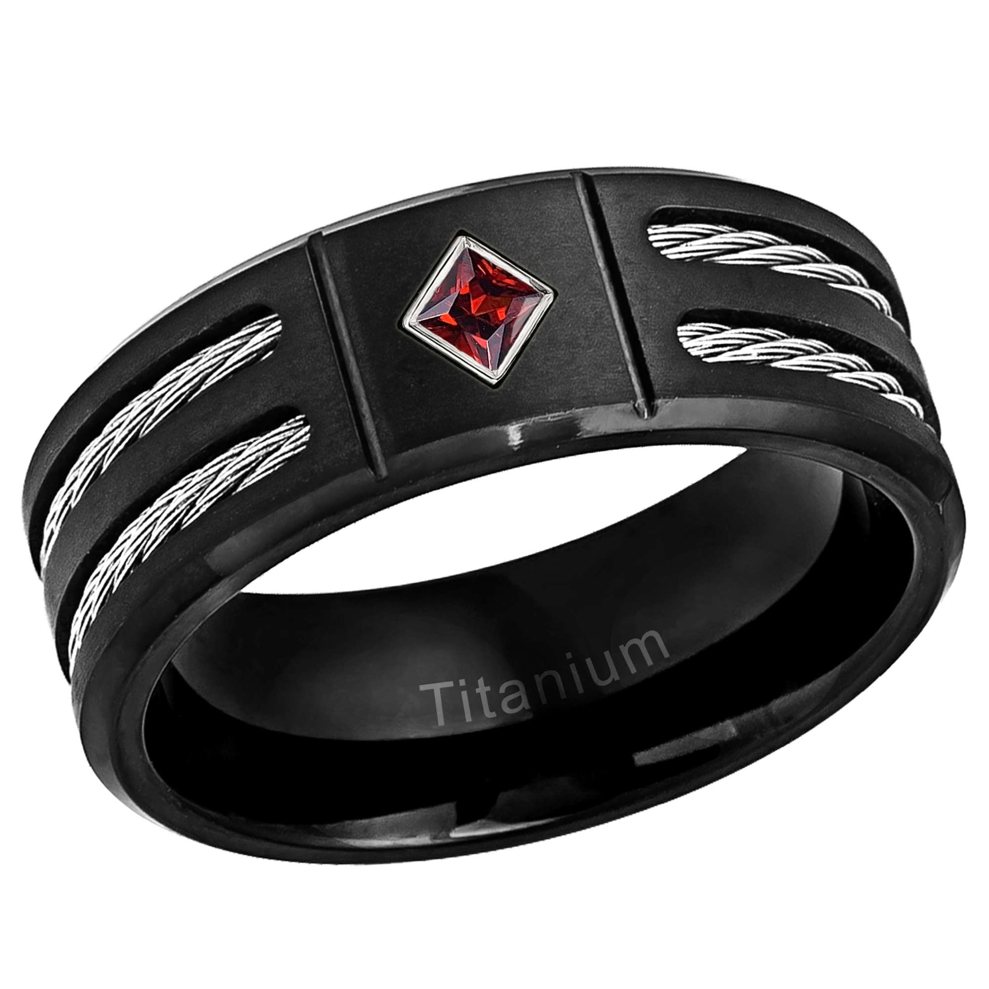 Mens Princess Cut Garnet Ring Black Titanium Wedding Band Double Cable Accent 8mm Comfort-fit