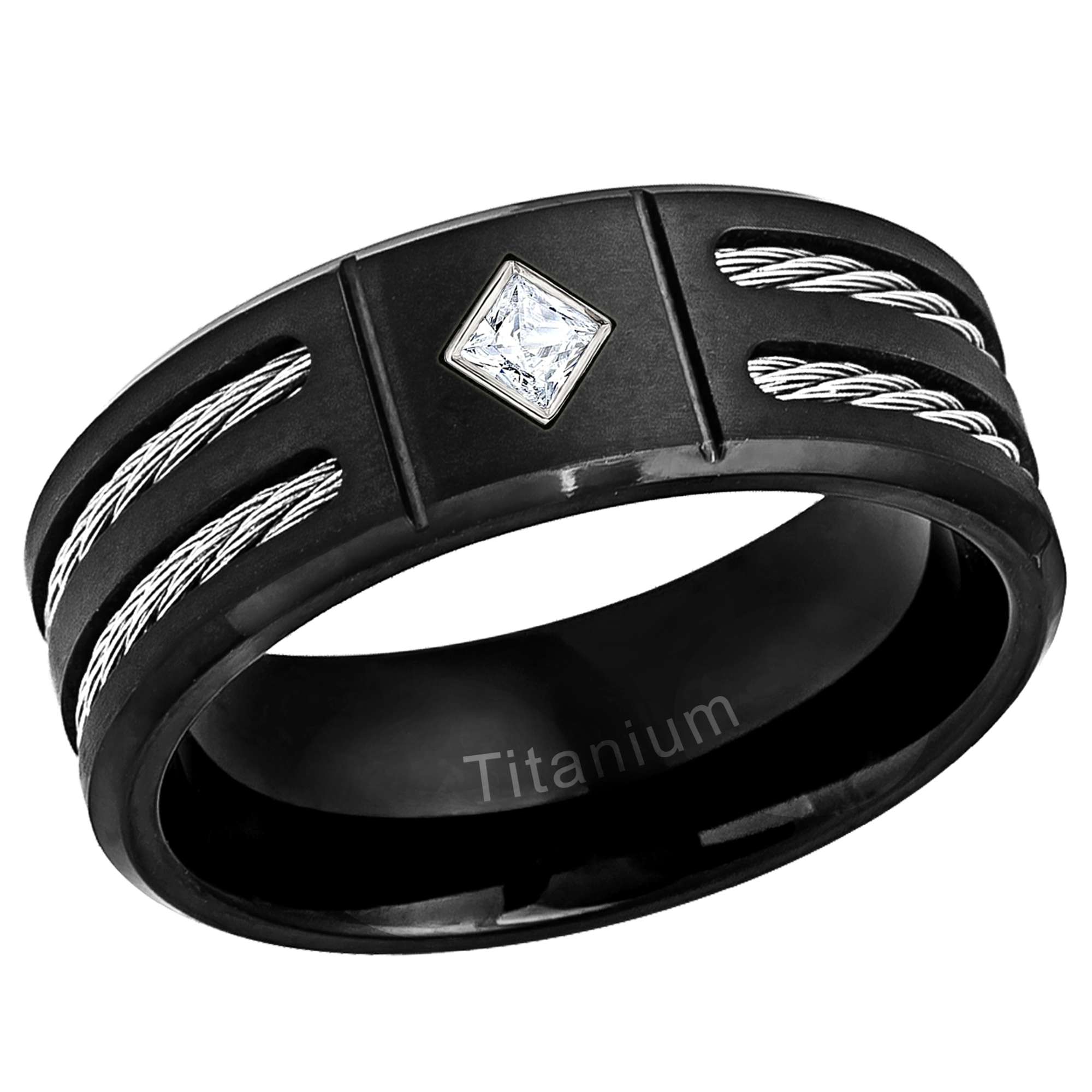 Mens Princess Cut Moissanite Titanium Band, Black Titanium Wedding Ring 8MM