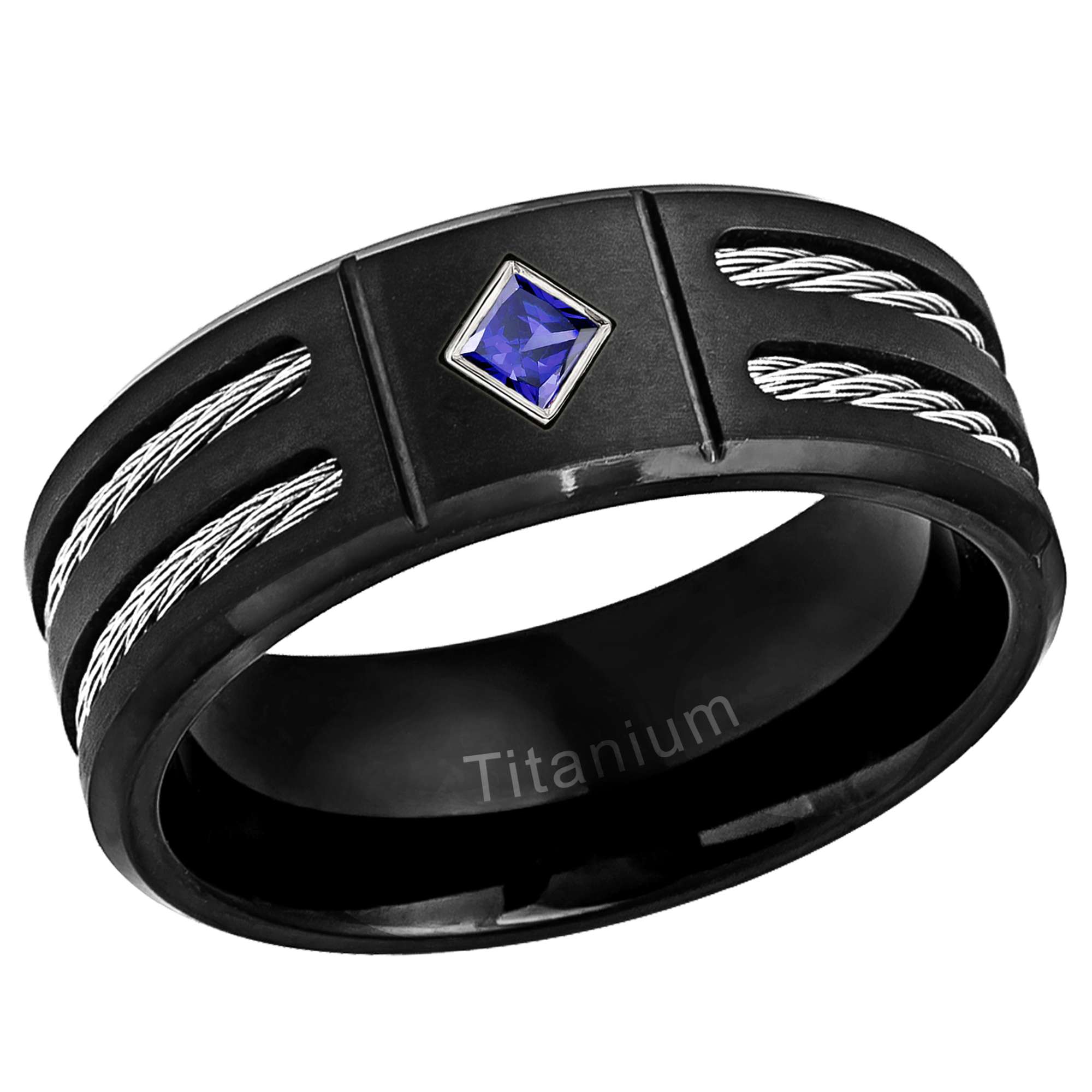 Mens Princess Cut Blue Sapphire Ring Black Titanium Wedding Band Double Cable Accent 8MM