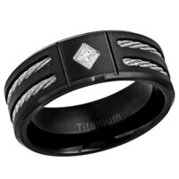 Mens Princess Cut Diamond Titanium Band, Black Titanium Wedding Ring Double Cable Accent