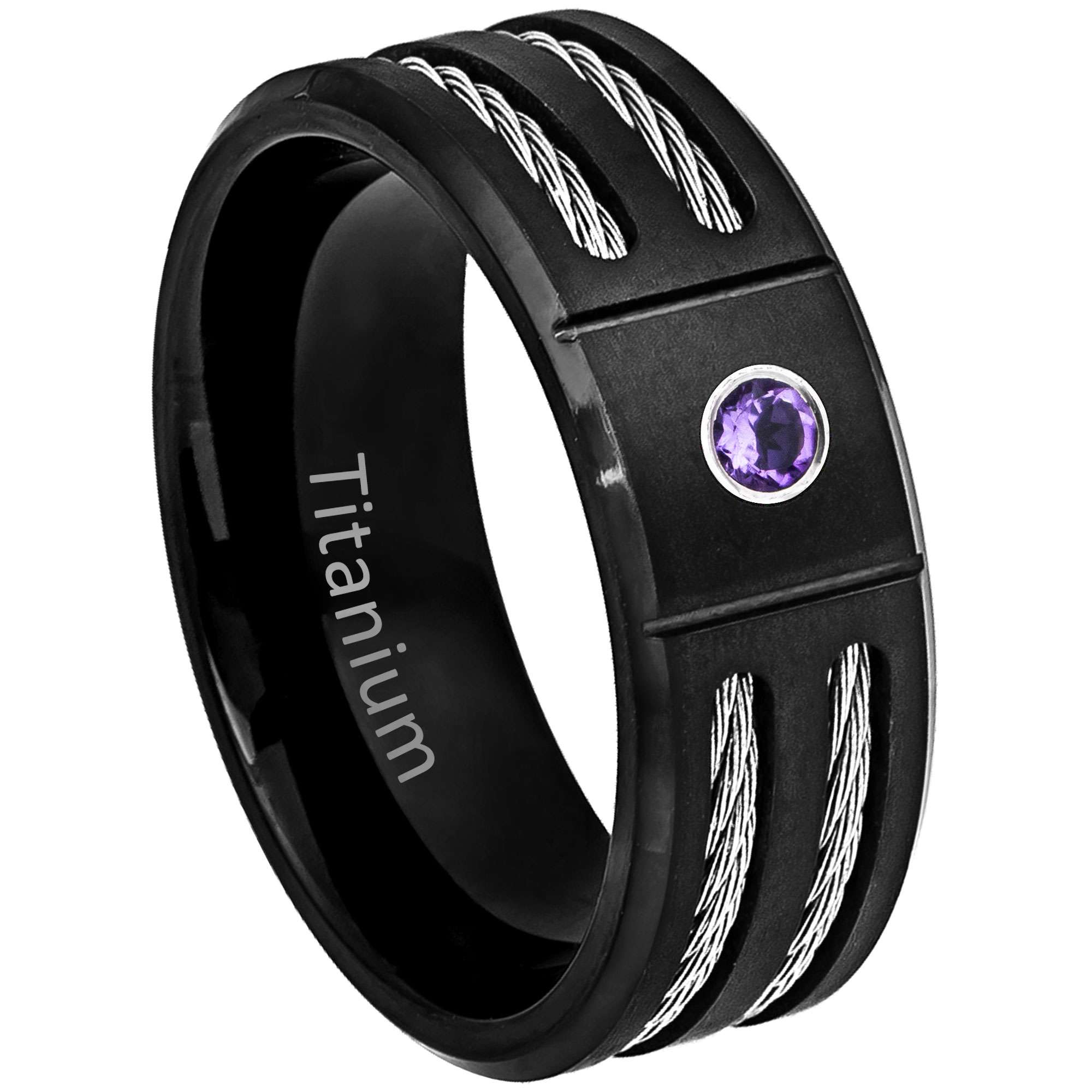 Mens Amethyst Ring Black Titanium Wedding Band Double Cable Accent 8mm Comfort-fit