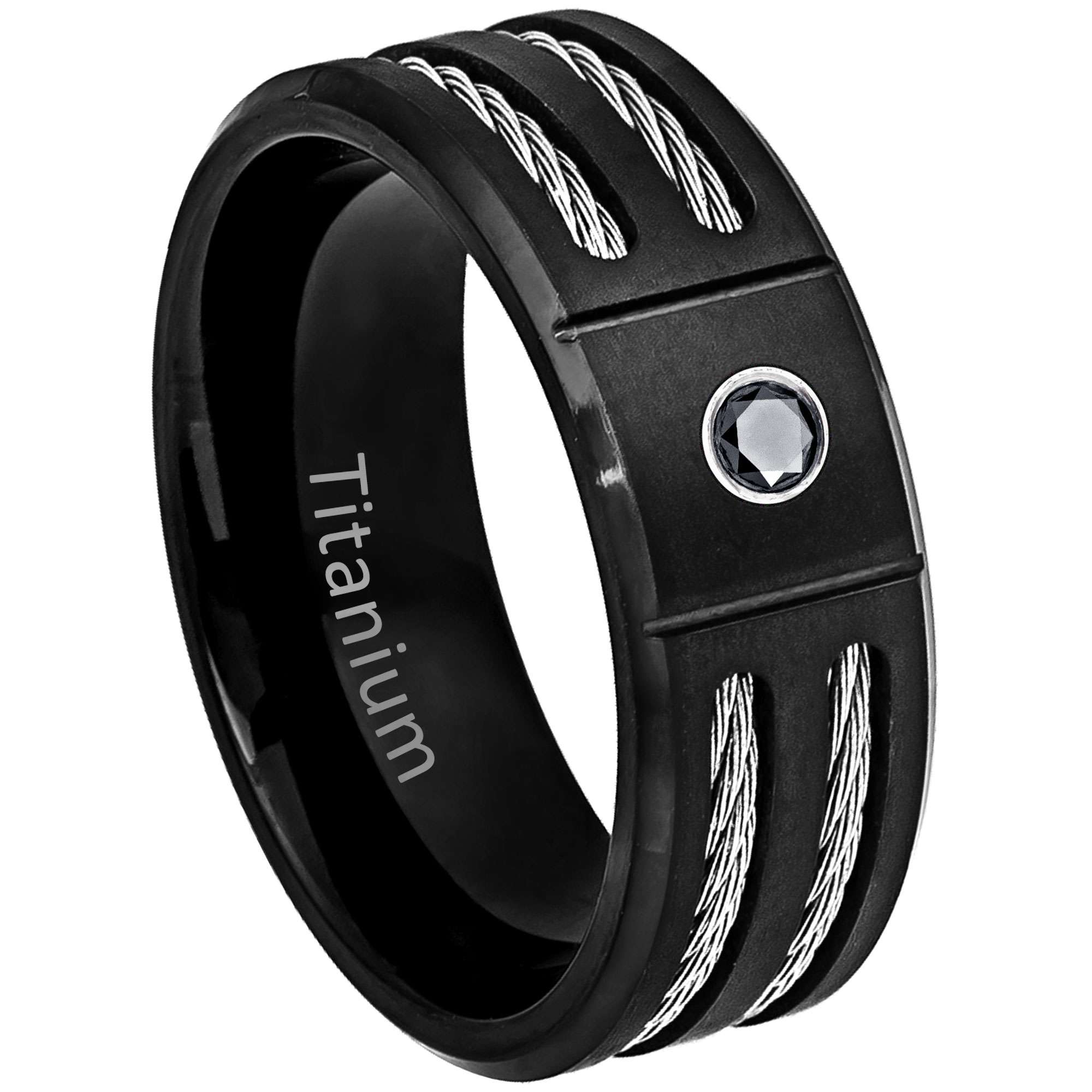 Mens Black Diamond Titanium Band, Black Titanium Wedding Ring 8MM