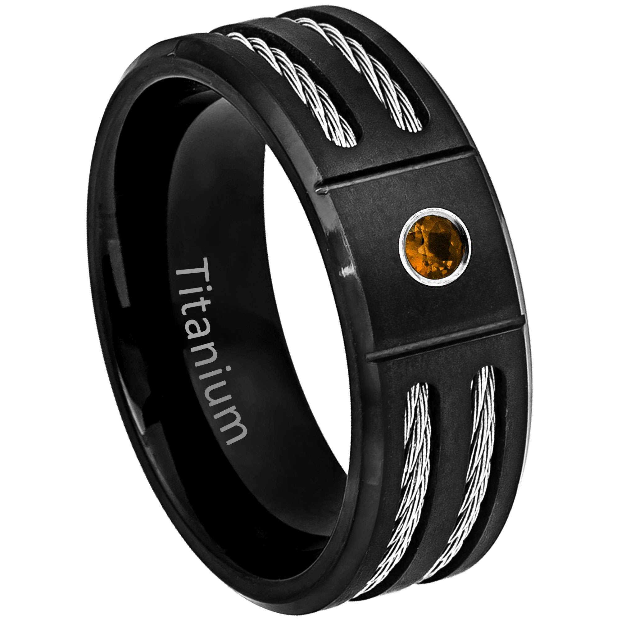 Mens Citrine Ring Black Titanium Wedding Band Double Cable Accent 8mm Comfort-fit