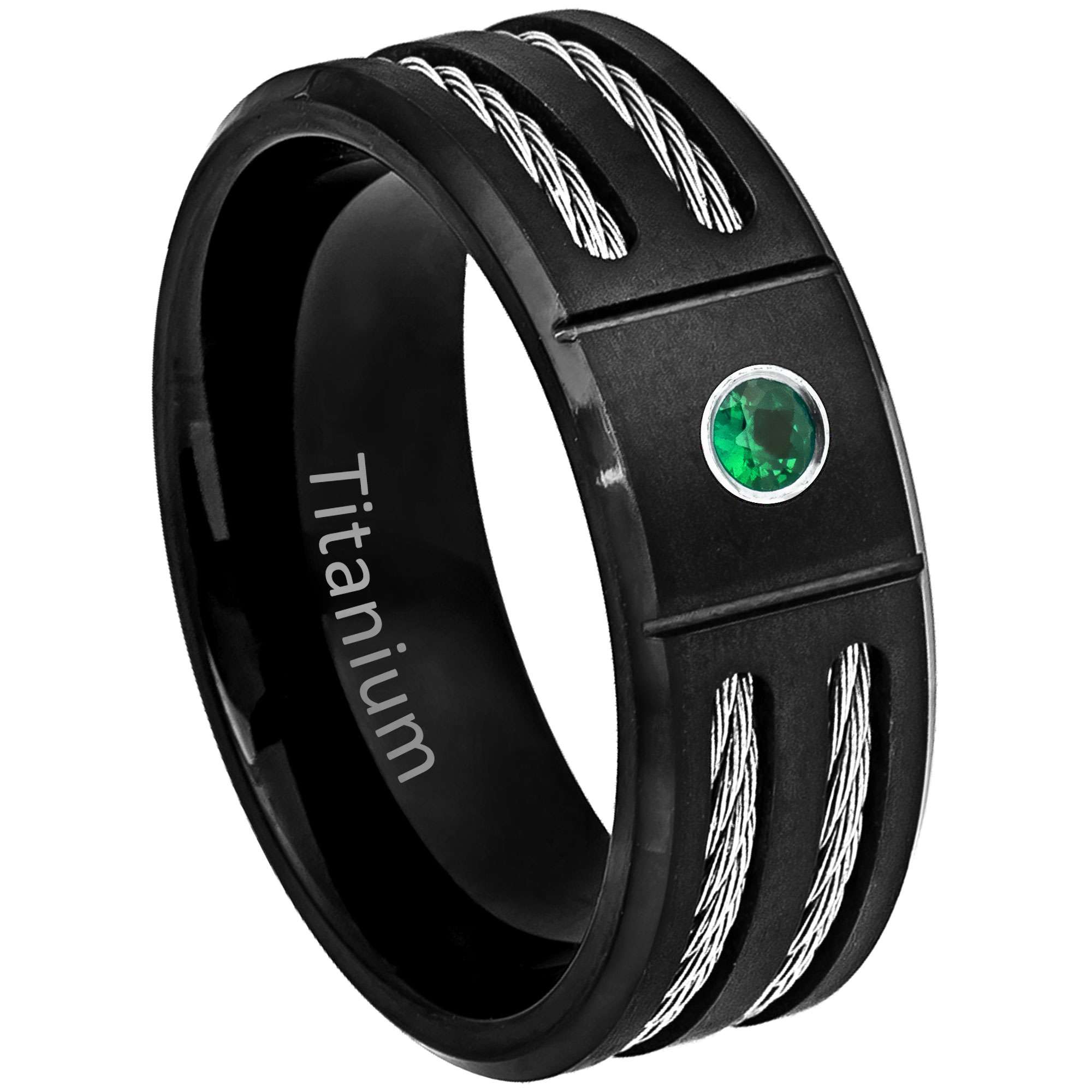 Mens Emerald Ring Black Titanium Wedding Band Double Cable Accent 8mm Comfort-fit