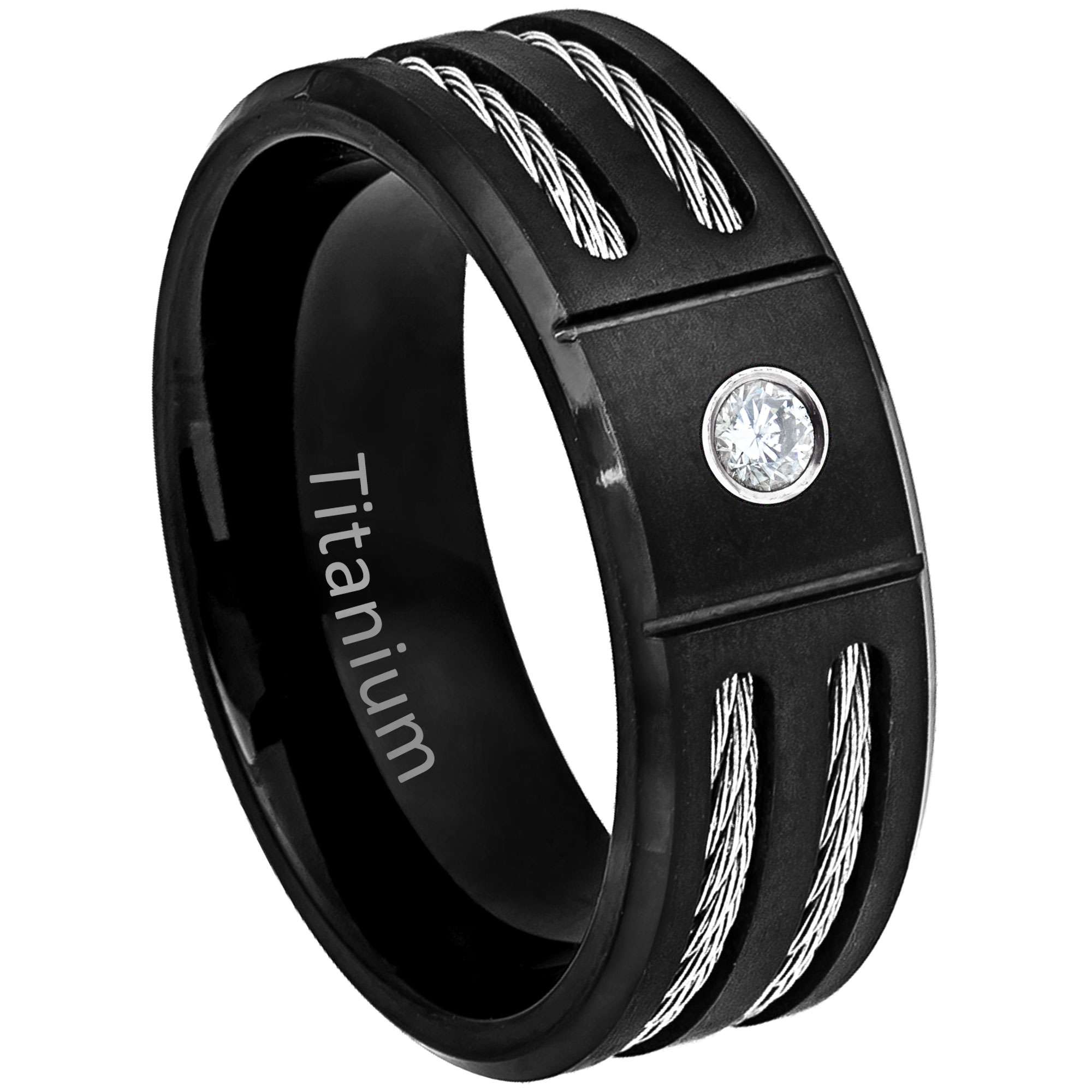 Mens Moissanite Titanium Band, Black Titanium Wedding Ring 8MM