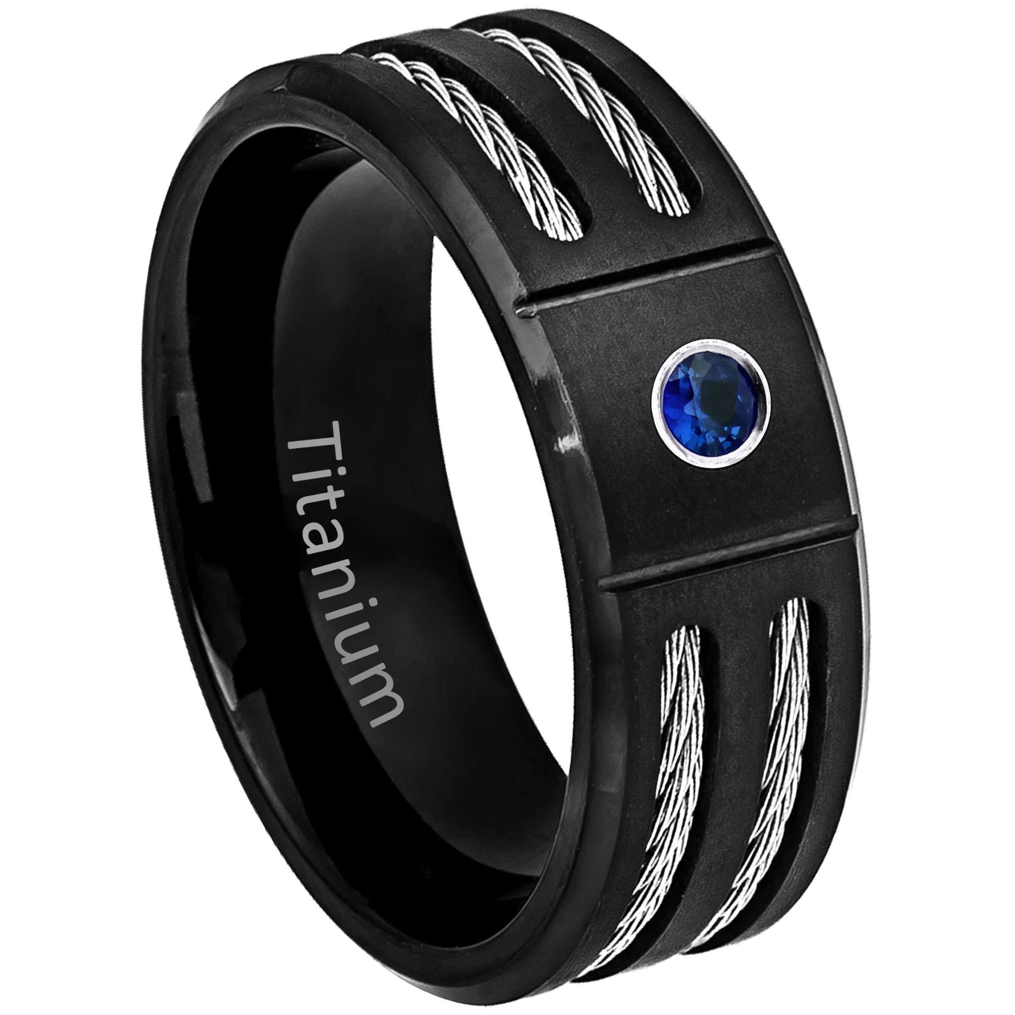 Mens Blue Sapphire Ring Black Titanium Wedding Band Double Cable Accent 8MM Comfort Fit