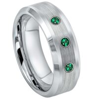 Mens Cobalt 3-stone Emerald Wedding Band, Cobalt Chrome Ring Beveled Edge 8mm