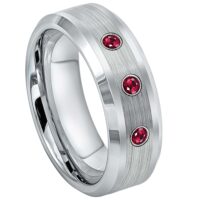 Mens Cobalt 3-stone Ruby Wedding Band, Cobalt Chrome Ring Beveled Edge 8mm