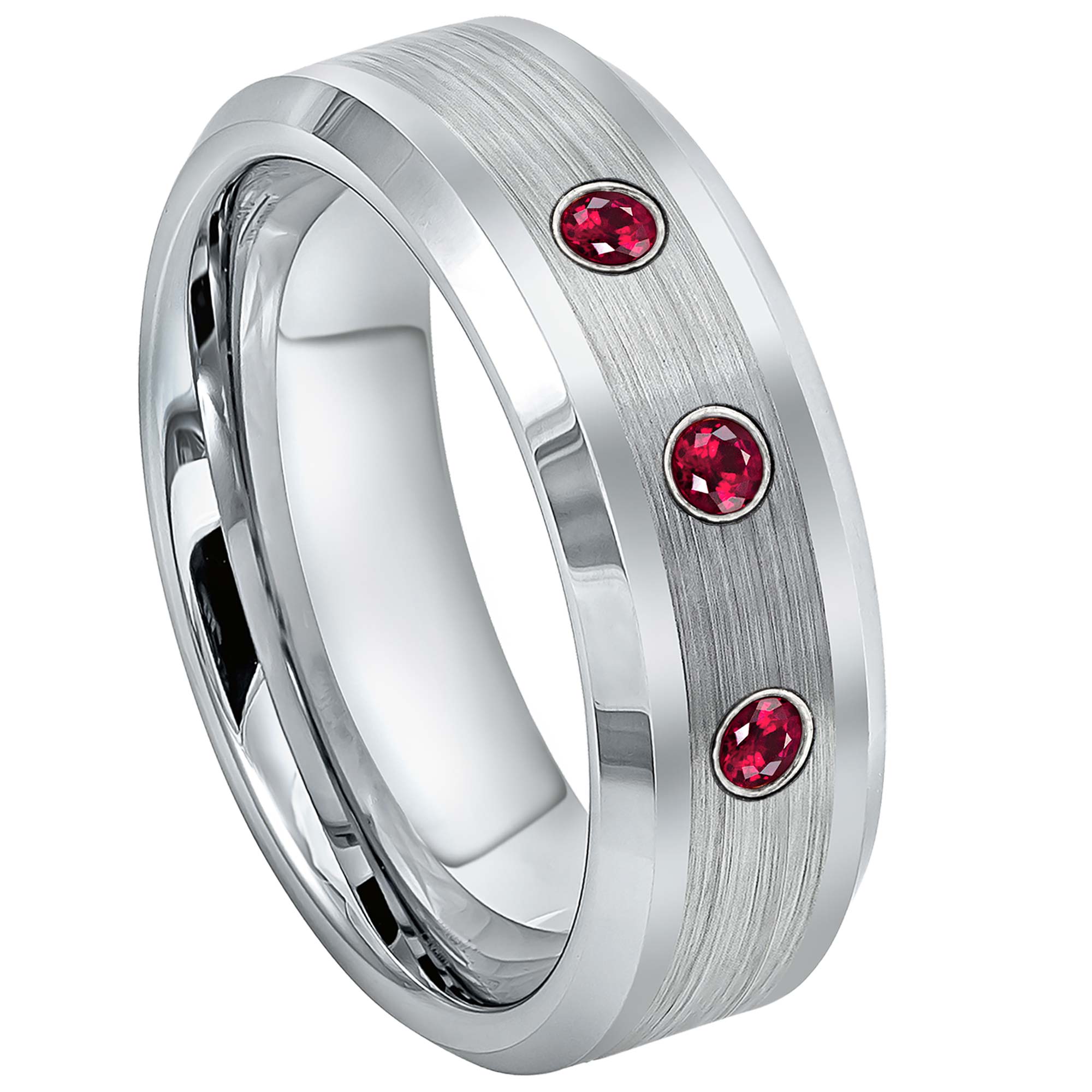 Mens Cobalt 3-stone Ruby Wedding Band, Cobalt Chrome Ring Beveled Edge 8mm