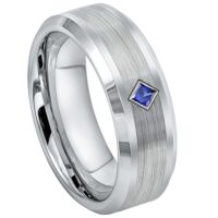Mens Cobalt Princess Cut Blue Sapphire Wedding Band, Cobalt Chrome Ring Beveled Edge 8mm