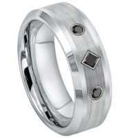 Mens 3-stone Princess Cut Black Diamond Cobalt Wedding Band, Beveled Edge 8mm