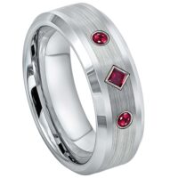 Mens Cobalt 3-stone Princess Cut Ruby Wedding Band, Cobalt Chrome Ring Beveled Edge 8mm