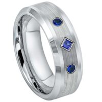 Mens Cobalt 3-stone Princess Cut Blue Sapphire Wedding Band, Cobalt Chrome Ring Beveled Edge 8mm