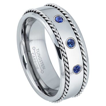 Personalized 0.21 Ct. 3-stone Blue Sapphire Tungsten Carbide Mens Wedding Band, Comfort-fit, 8mm Double Cable Tungsten Ring